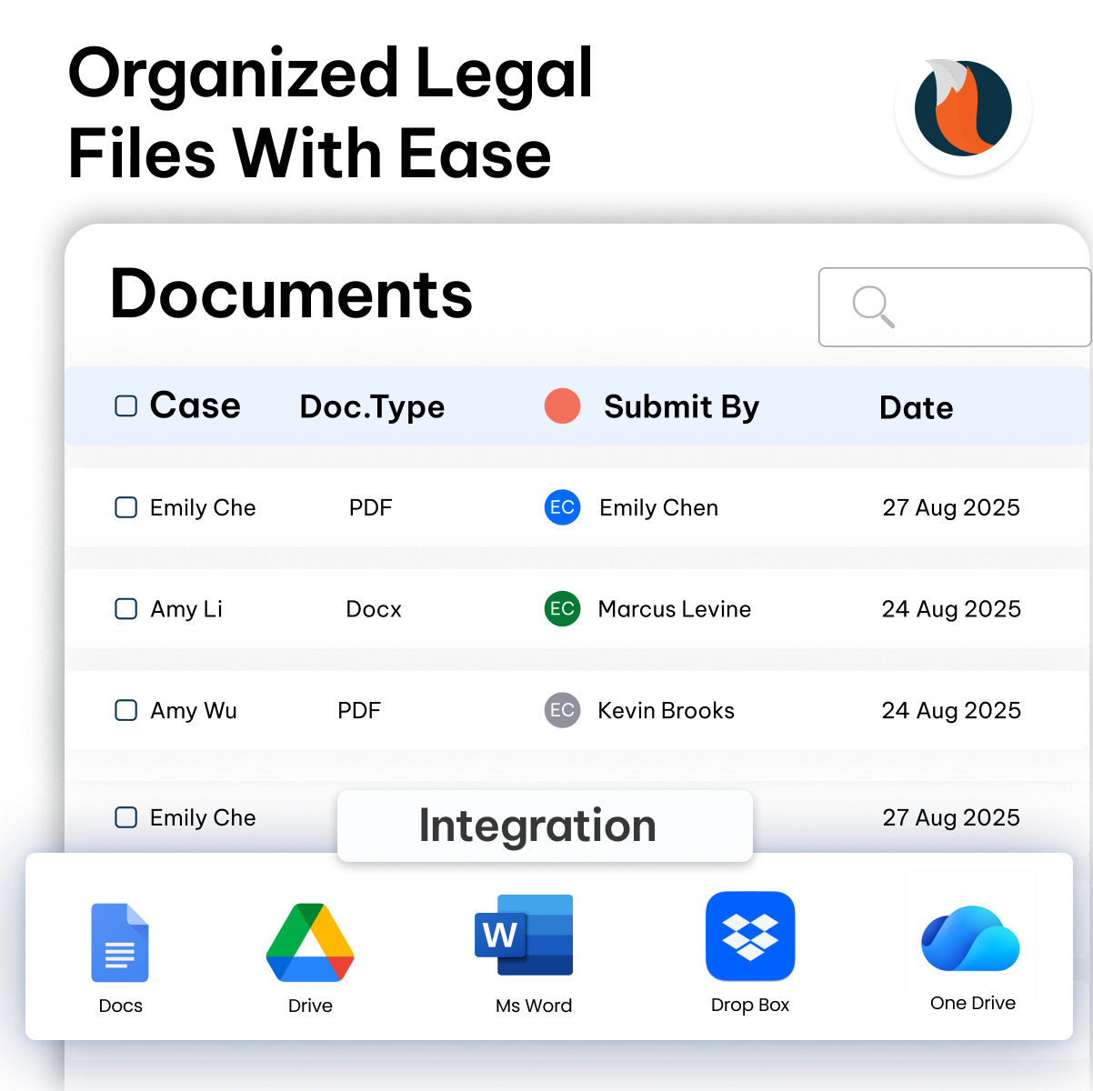 Legal document management feature - CaseFox software