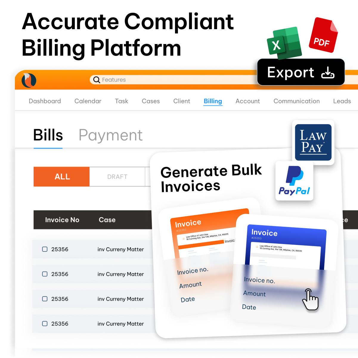 Legal billing and accounts management feature UI - CaseFox software