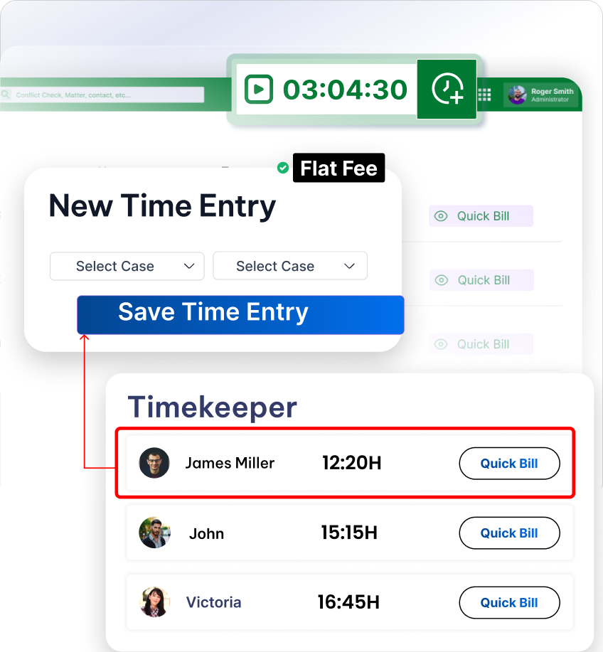 CaseFox time and expense tracking UI with billable timekeeping, remote entries, and SMS logging