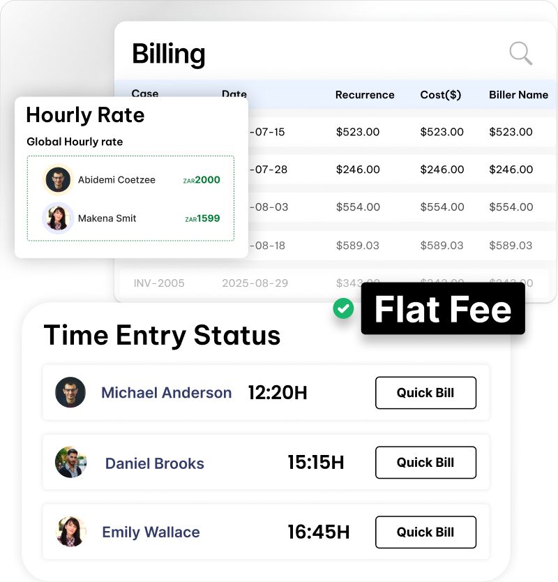 CaseFox time tracking UI with billable hours, non-billable entries, and calendar notes