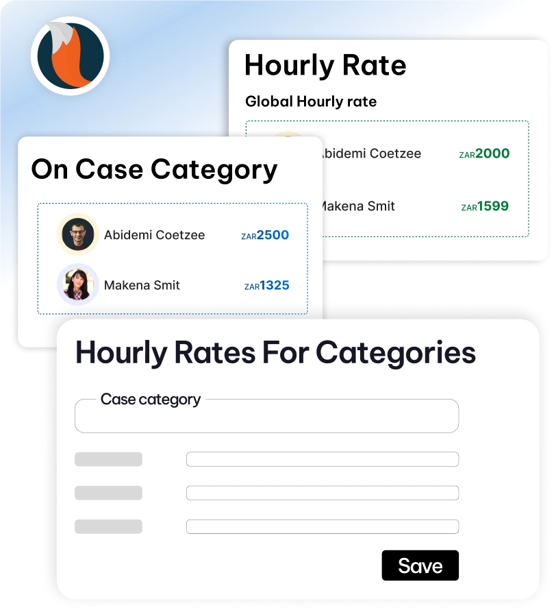 CaseFox expense management UI with custom hourly rates, expense tracking, and QuickBooks integration