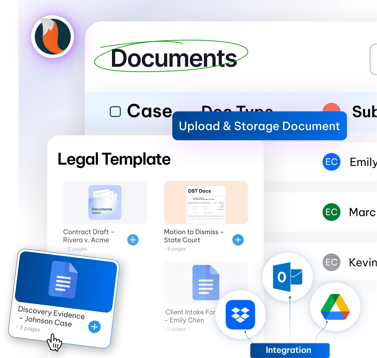 Legal document management feature - CaseFox software