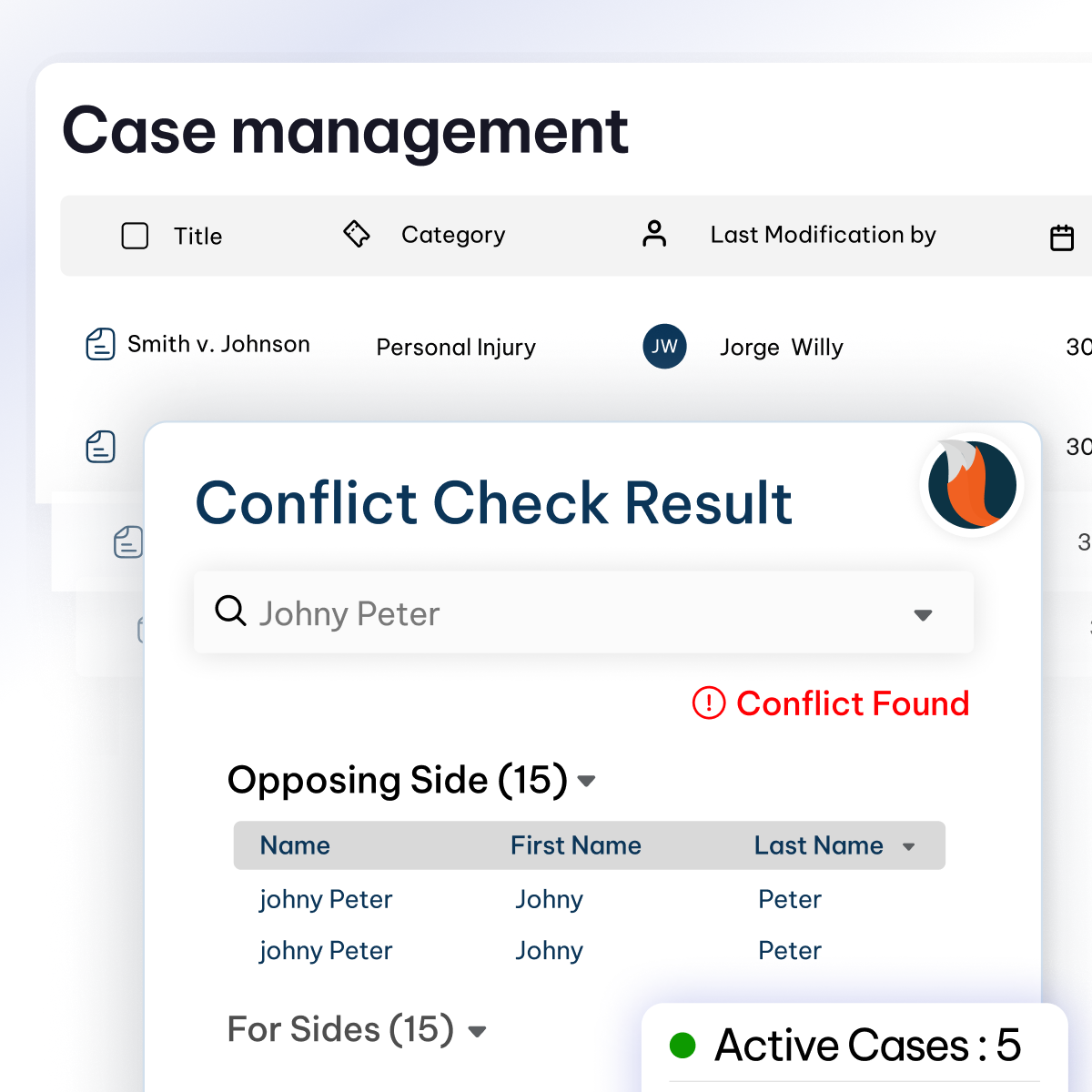 Legal case management UI - CaseFox software