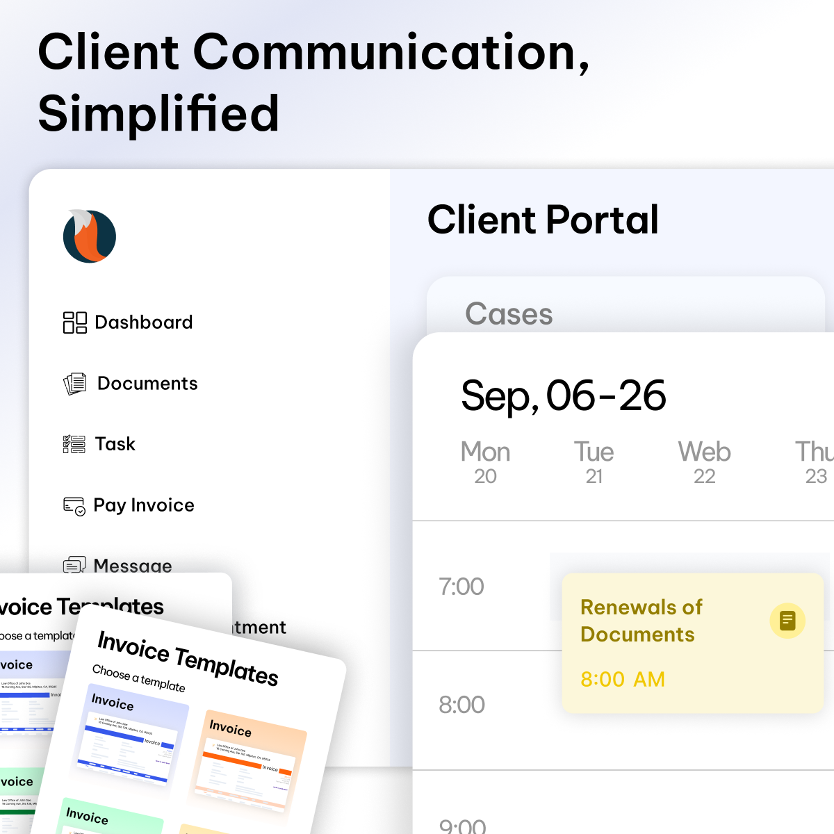 Client communication feature UI - CaseFox law software