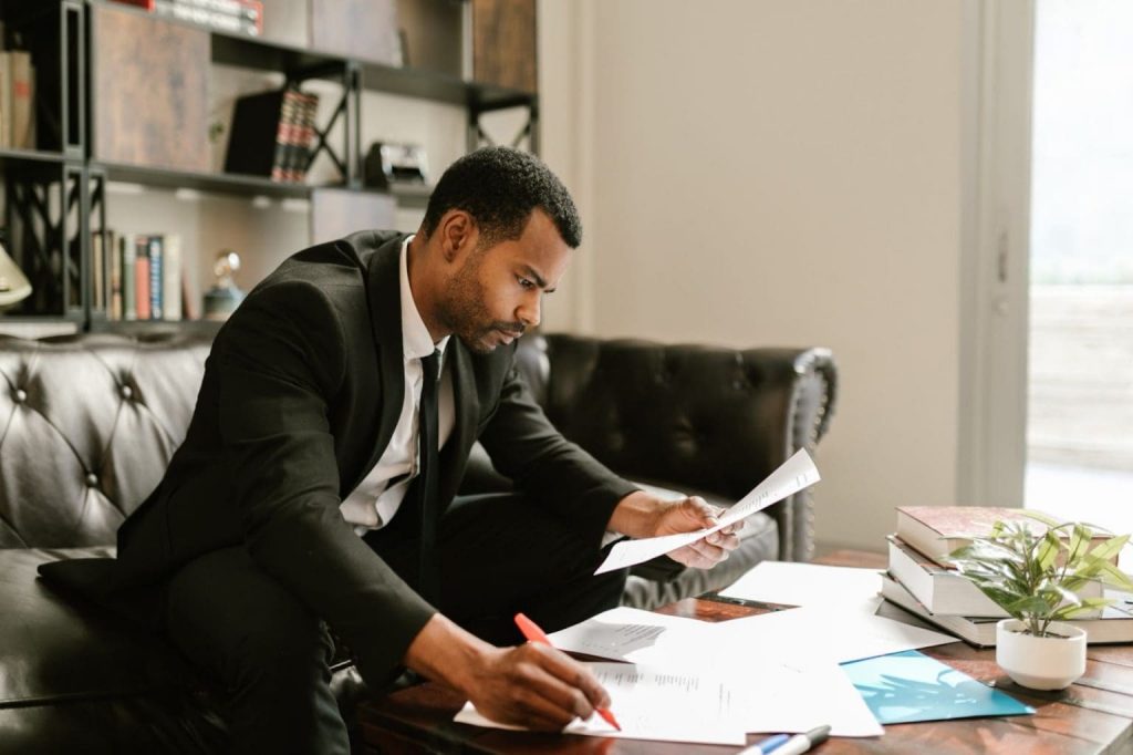 A legal professional reading legal documents