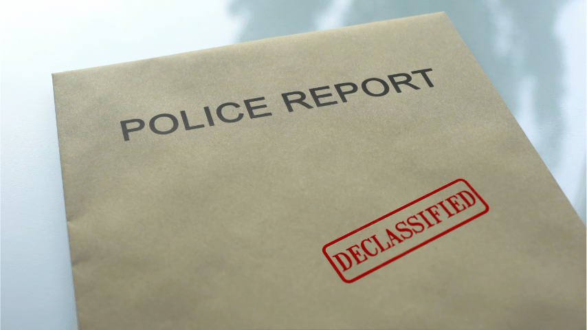Police report declassified seal stamped on folder with important documents