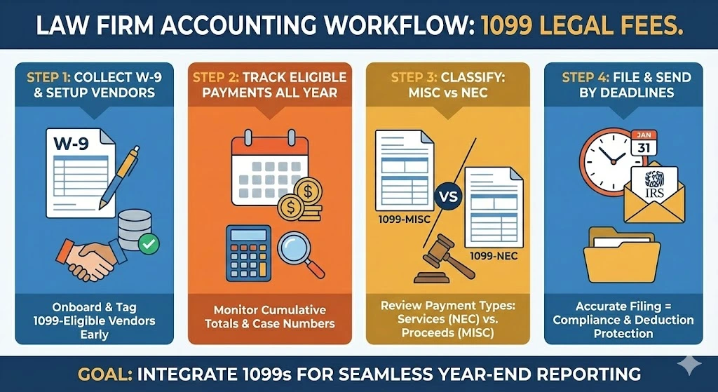 Law firm accounting workflow for 1099 legal fees