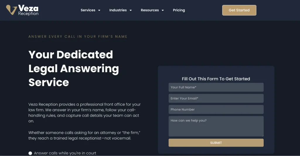Screenshot of Veza Reception website homepage