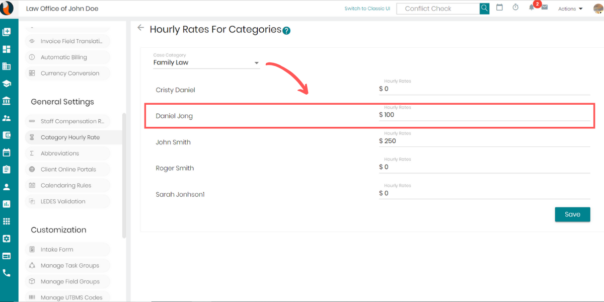 CaseFox legal software hourly rate setting screen