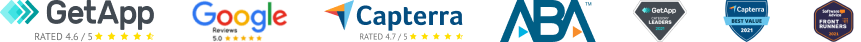 GetApp Logo, Google Logo, Capterra Logo, ABA Logo, GetApp Badge, Capterra Badge, Software Advice Badge